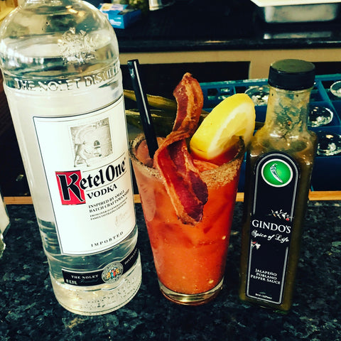 Bloody Mary with Gindo's Jalapeno Poblano Hot Sauce, Bacon and Ketel One Vodka