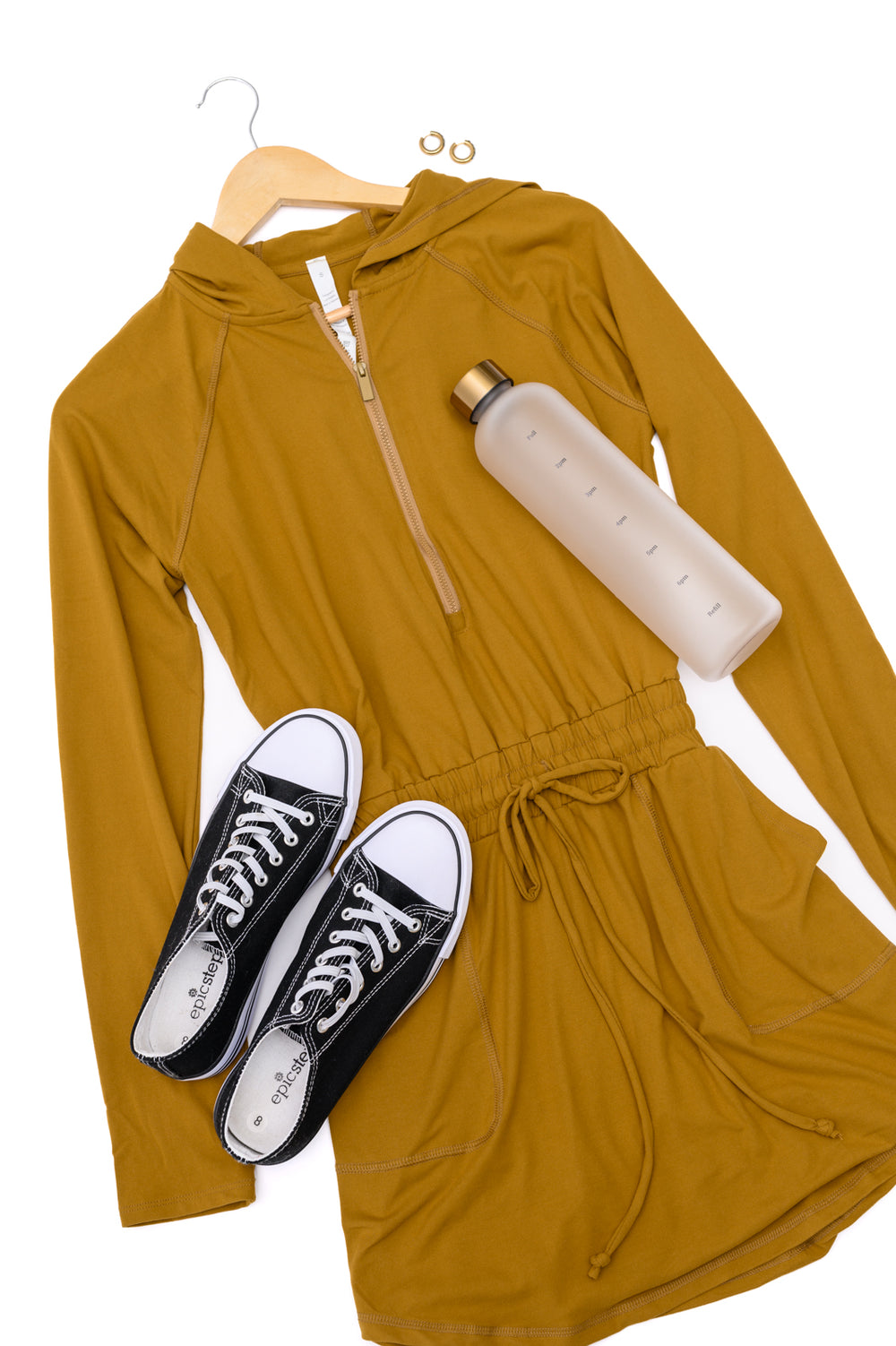 Getting Out Long Sleeve Hoodie Romper Gold Spice flatlay