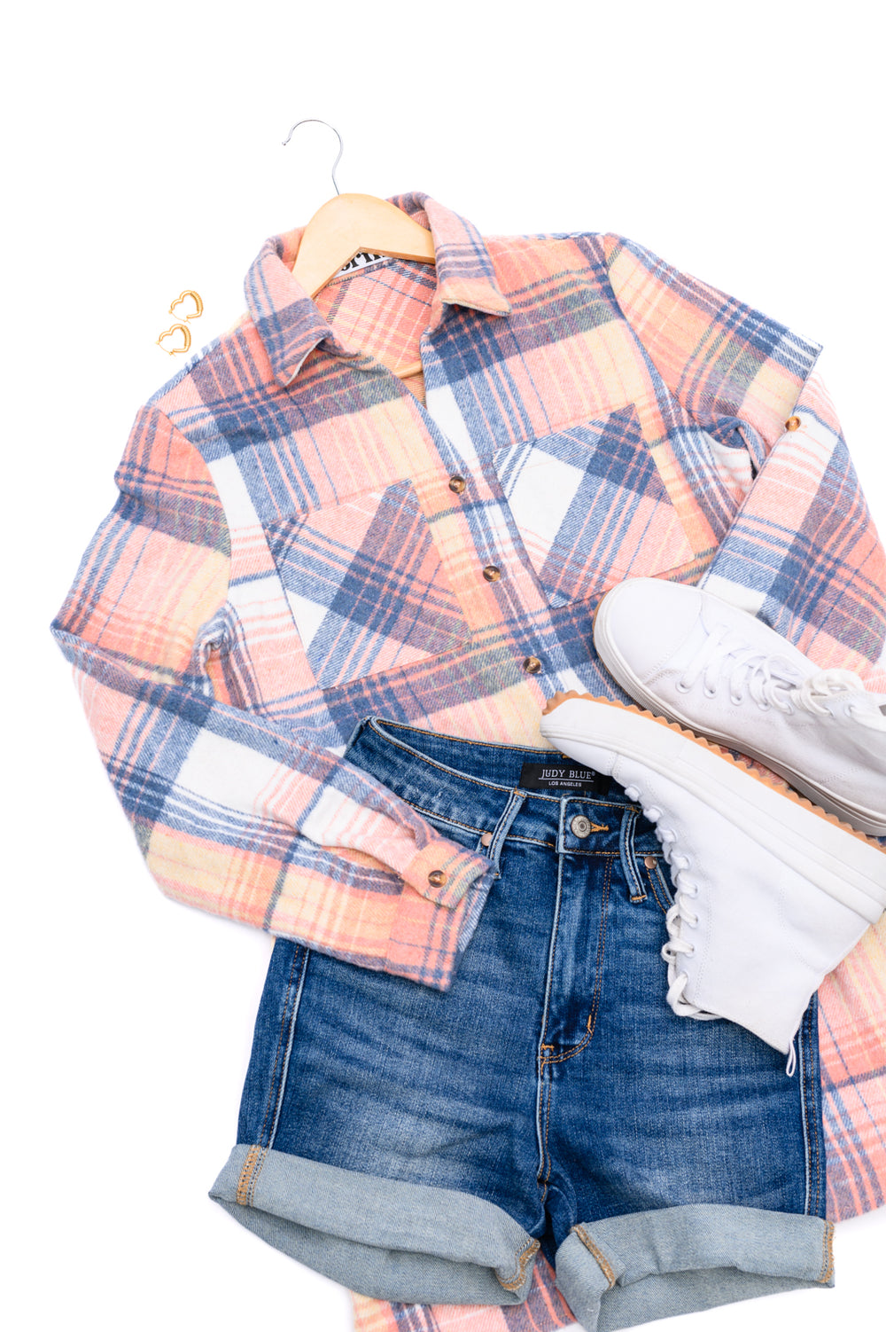 Plaid Button Down and denim shorts