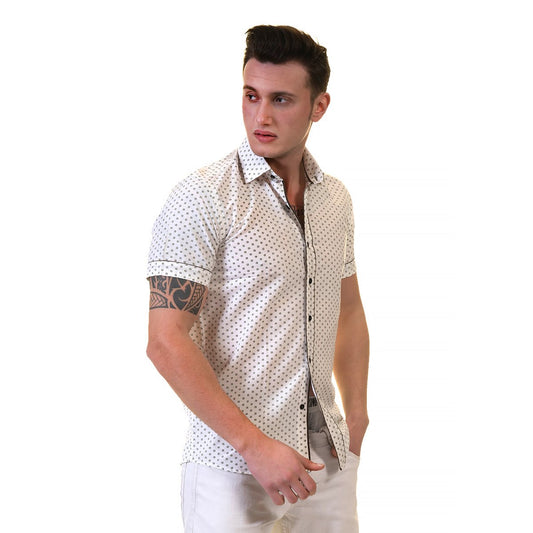 White Blue Dots Mens Short Sleeve Button up Shirts - Tailored Slim Fit  Cotton Dress Shirts