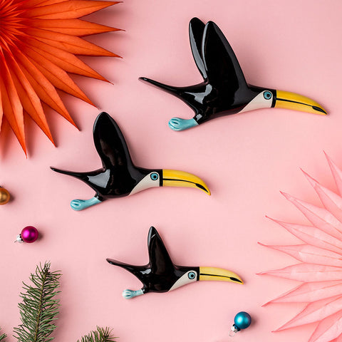 Handmade Ceramic Flying Toucan Trio for the wall, by Hannah Turner