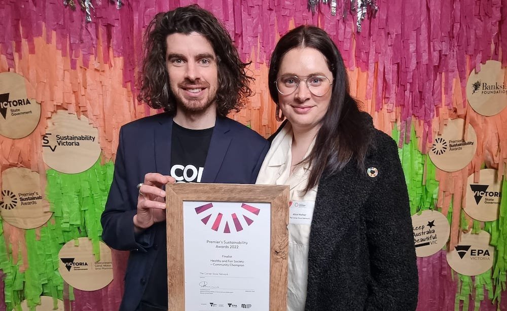 jake mahar and alice mahar holding finalist certificate at premier's sustainability awards 2022