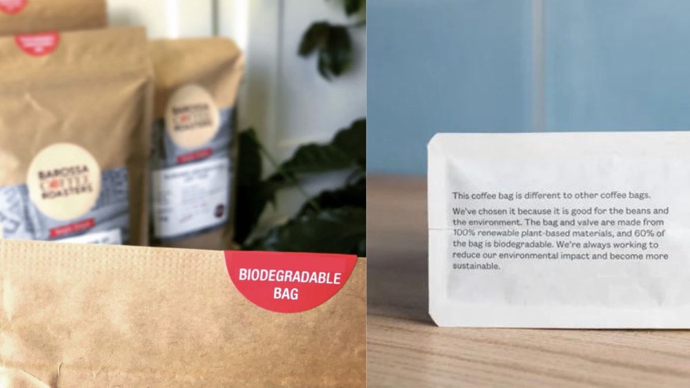 brown biodegradable coffee bag next to white coffee bag made from renewable plant-based materials labeled as biodegradable
