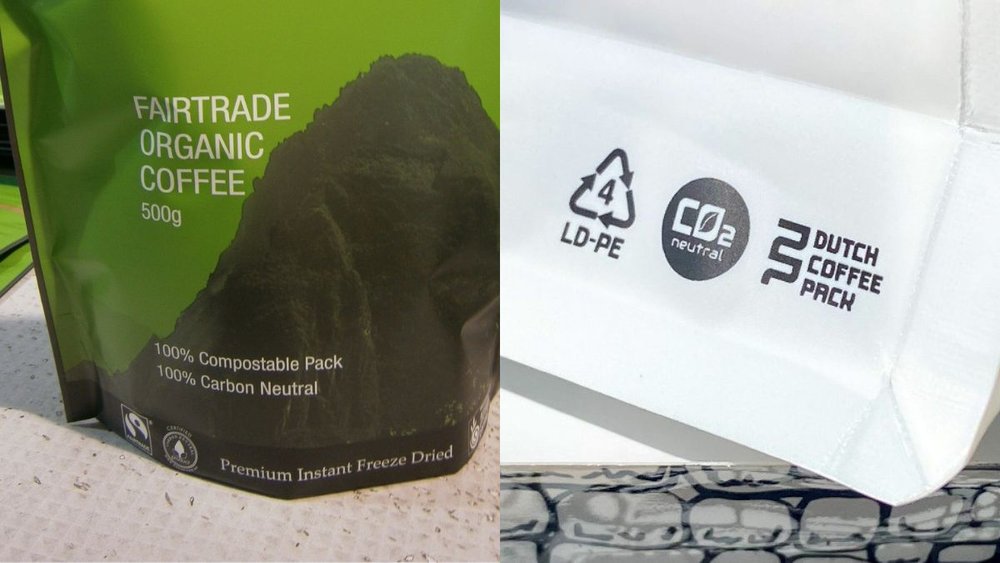 green coffee bag labeled fairtrade organic coffee in compostable pack and carbon neutral next to white coffee bag with carbon neutral label