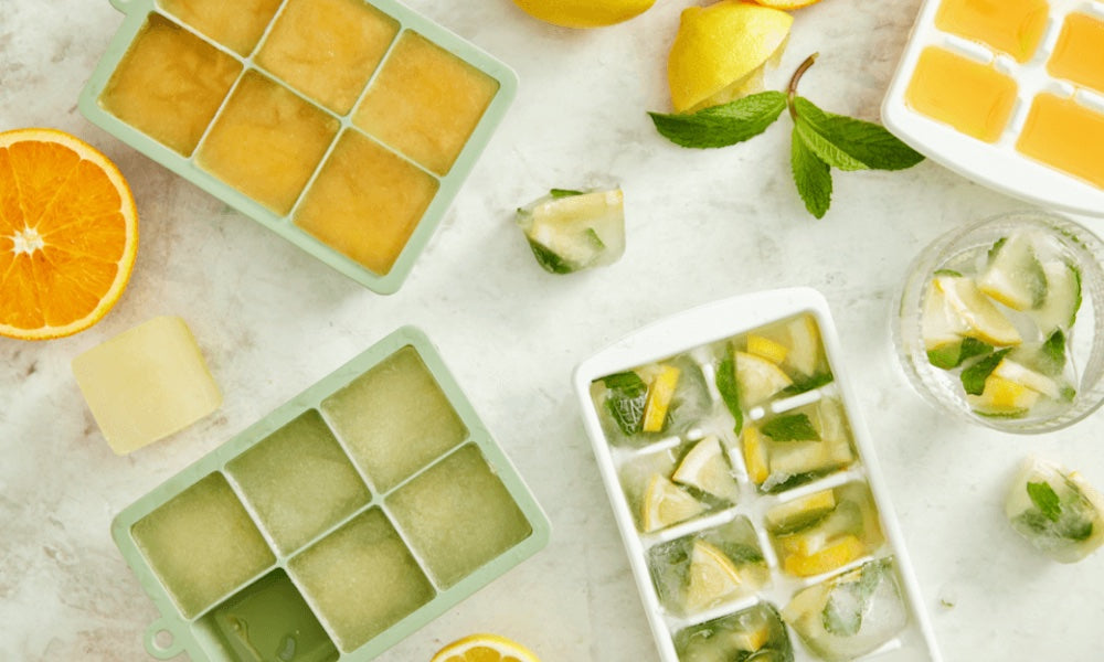 lemon, lime and orange citrus juice in ice cue trays to be frozen