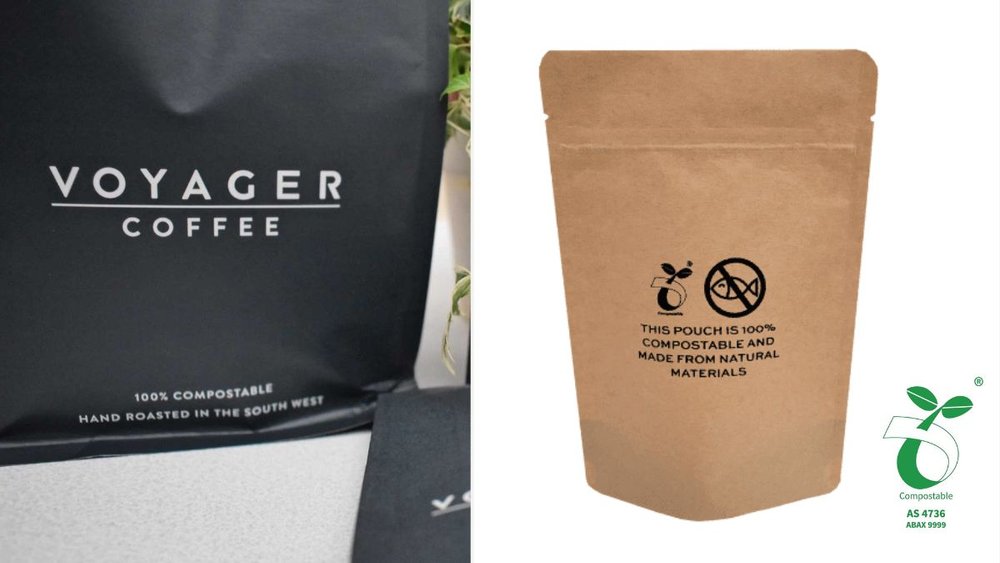 black coffee bag with 100% compostable label next to brown compostable coffee bag