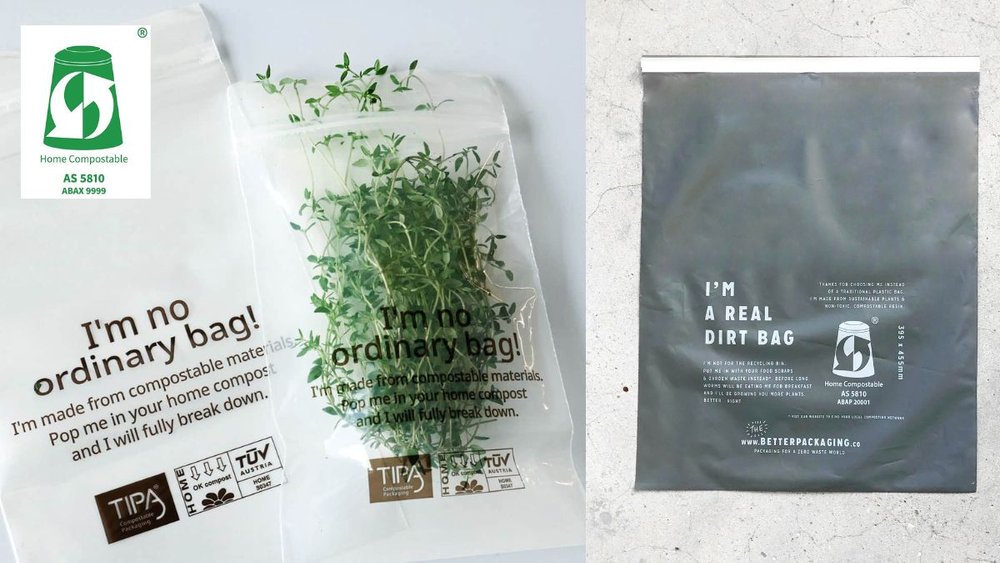 clear bag with herbs labeled as home compostable bag next to black mail satchel labeled as home compostable