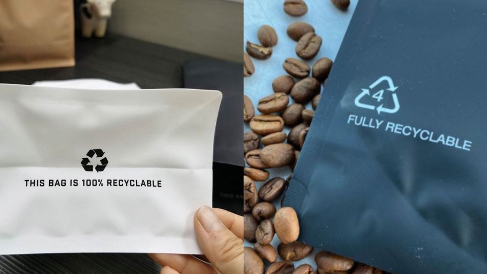 white coffee bag with label 100% recyclable next to blue coffee bag with label fully recyclable