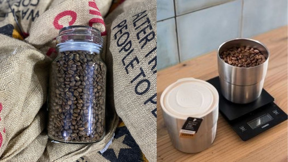 big jar filled with coffee beans next to metal byo container filled with coffee beans on a scale