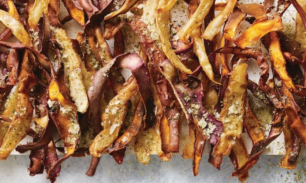 food waste hack showing vegetable peels being turned into crunchy chips