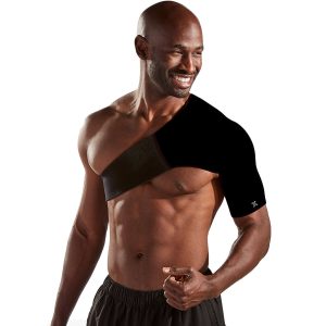 man wearing a body helix Adjustable Shoulder Helix compression brace while smiling