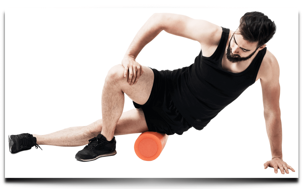 Foam core rolling to relieve pain.  man rolling his IT Bnad on a foam roller to relieve IT Band pain