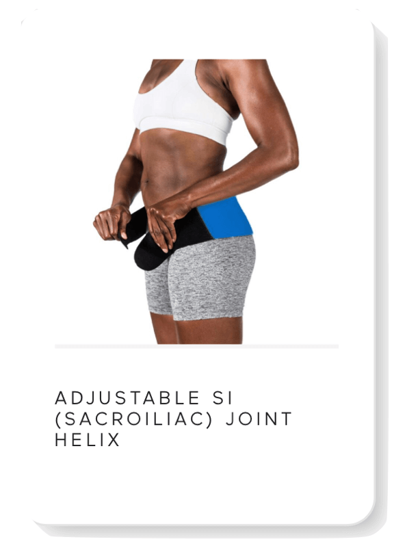 woman wearing a body helix SI Joint compression support wrap for SI and lower back pain.<br>