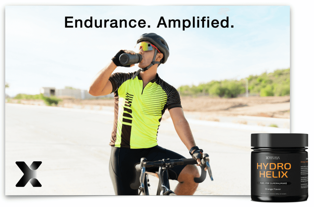 athlete Cyclist drinking Hydro Helix endurance fuel.<br>