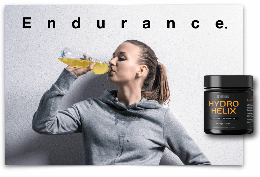 woman drinking body helix Hydro Helix electrolyte replacement powder endurance fuel drink .