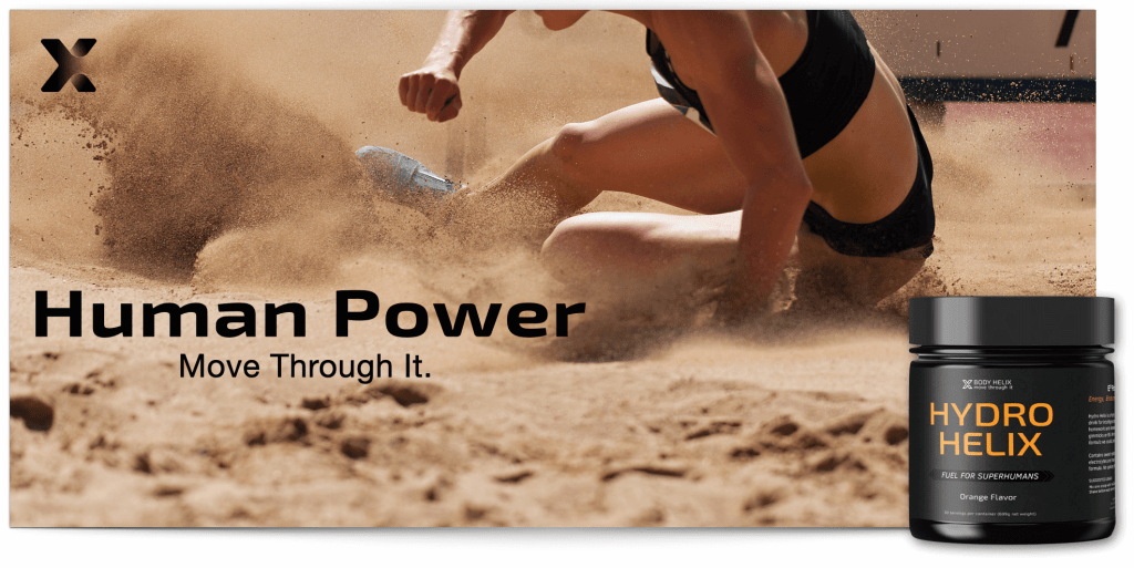 Endurance Fuel electrolyte replacement powder.  woman sliding in the sand with the text Human Power Move Through It and Hydro Helix Orange electrolyte replacement powder in the foreground