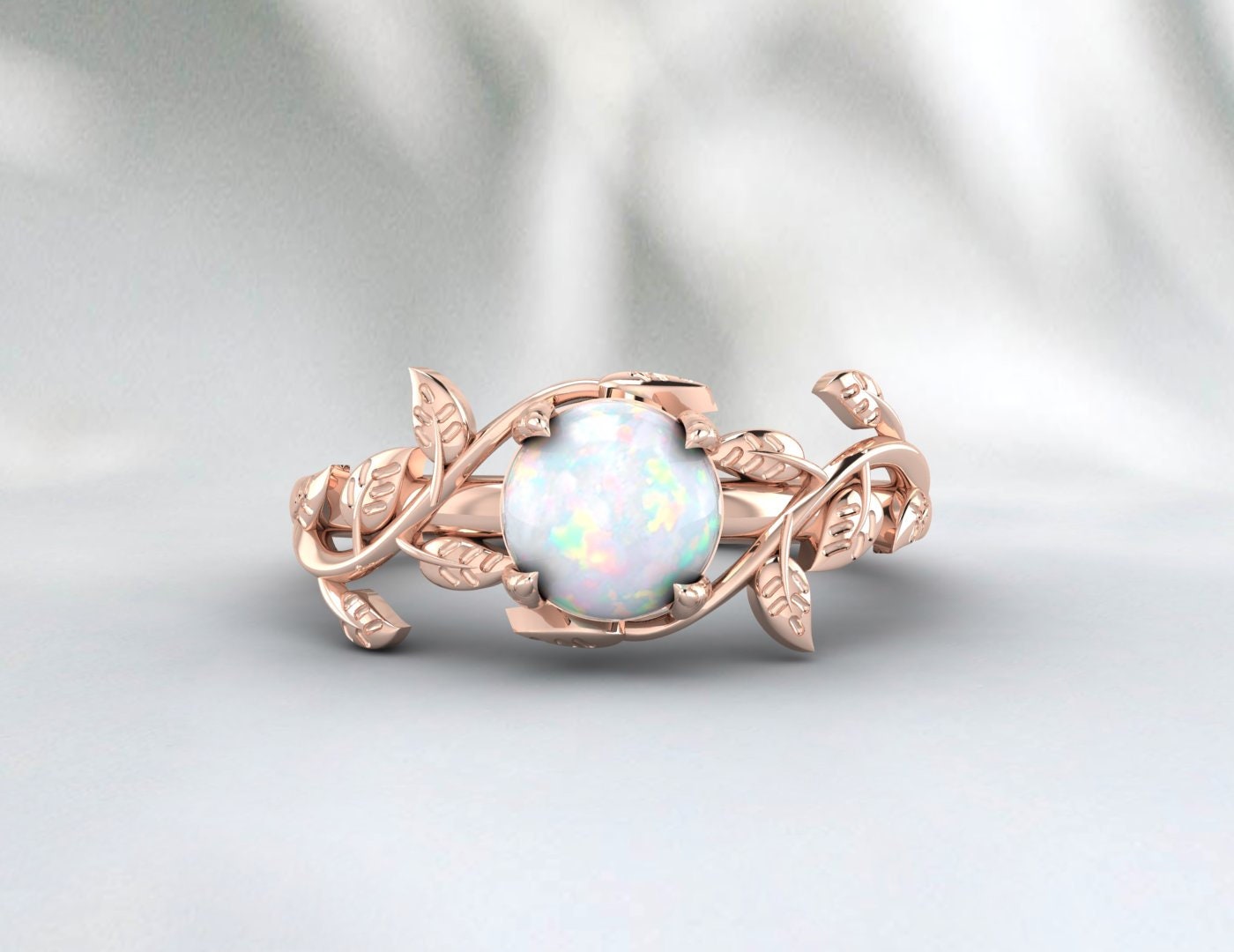 Natural 1 Carat Opal Vine Leaf Ring, Nature Inspired Round Opal Solitaire Ring, October Gemstone Ring, October Bridal Ring, Vine Leaf Opal