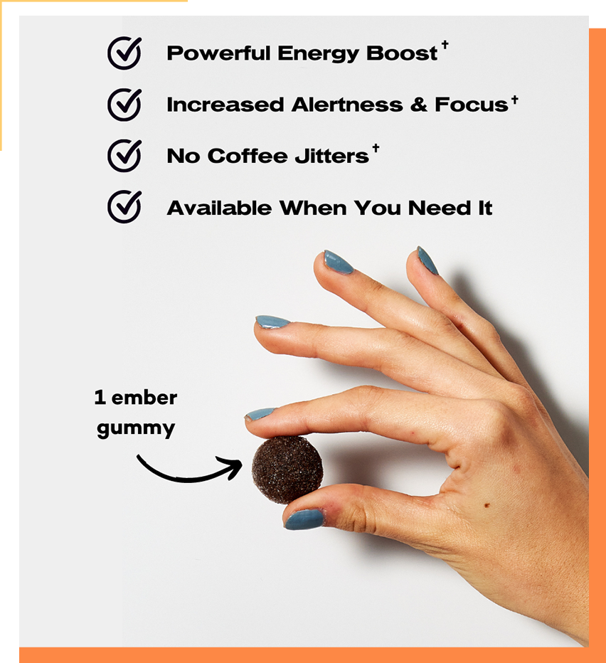 Ember caffeine gummies provide a powerful energy boost, increased alertness and focus, no coffee jitters, and are available when you need it