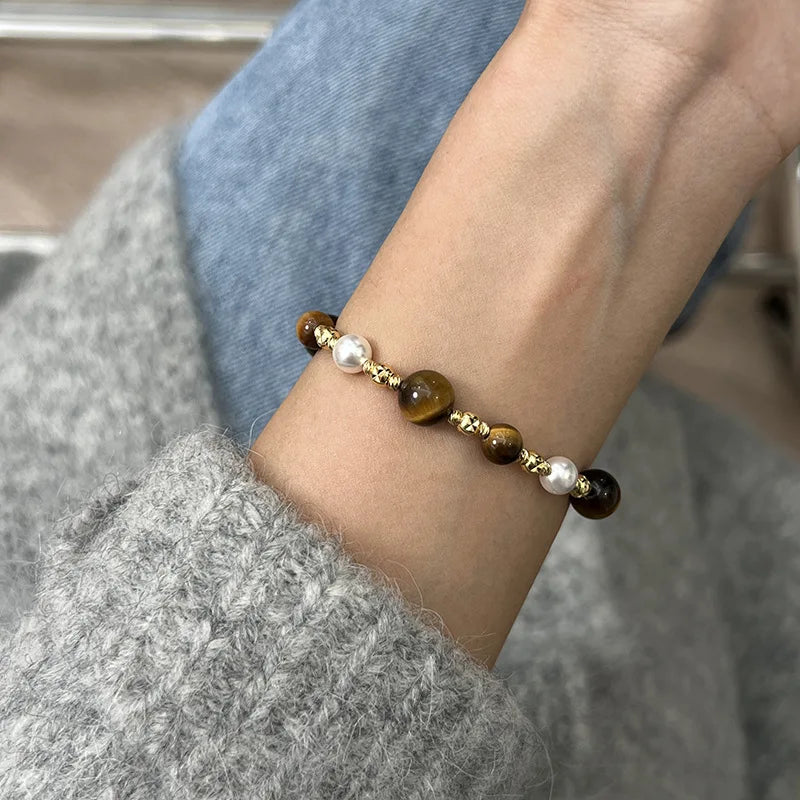Bracelet femme tendance perles oeil de tigre alliage zinc poignet femme lithothérapie