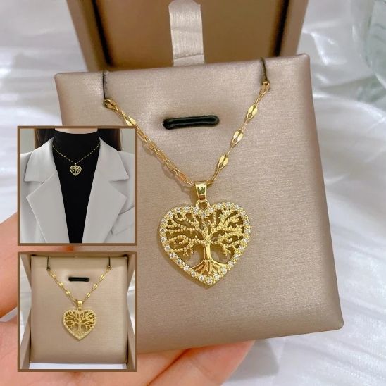 collier arbre de vie coeur zircons chaine acier inoxydable