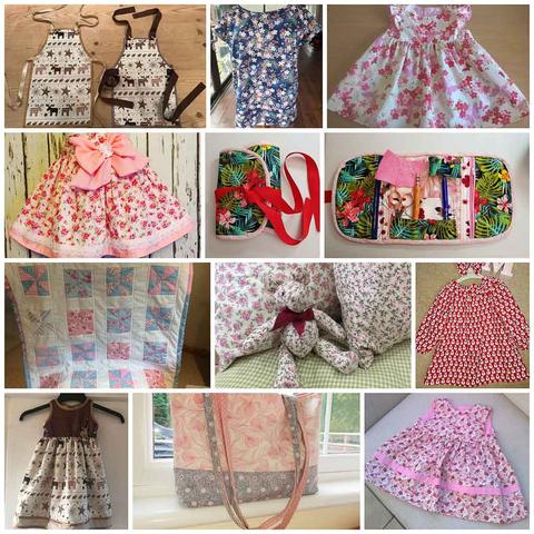 A collage of items made with cotton poplin fabric including dresses, aprons, a teddy bear and a bag