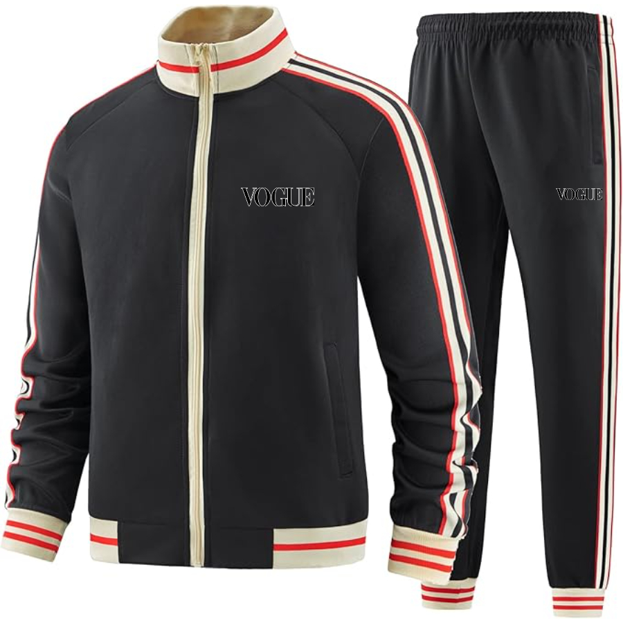 Men's Vogue  Two-Piece Designer Tracksuit with Bold Striped Accents and Zippered Front Elevated Athletic Wear