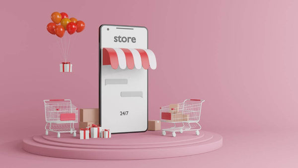 online shopping depicted with a cell phone and little shopping carts