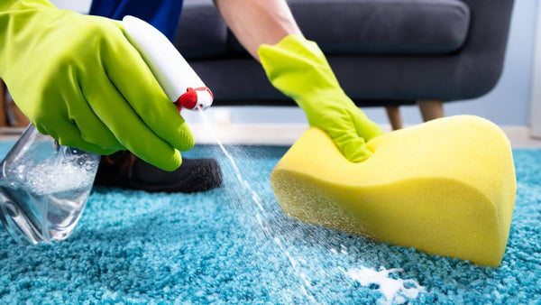 cleaning with a spray bottle and sponge