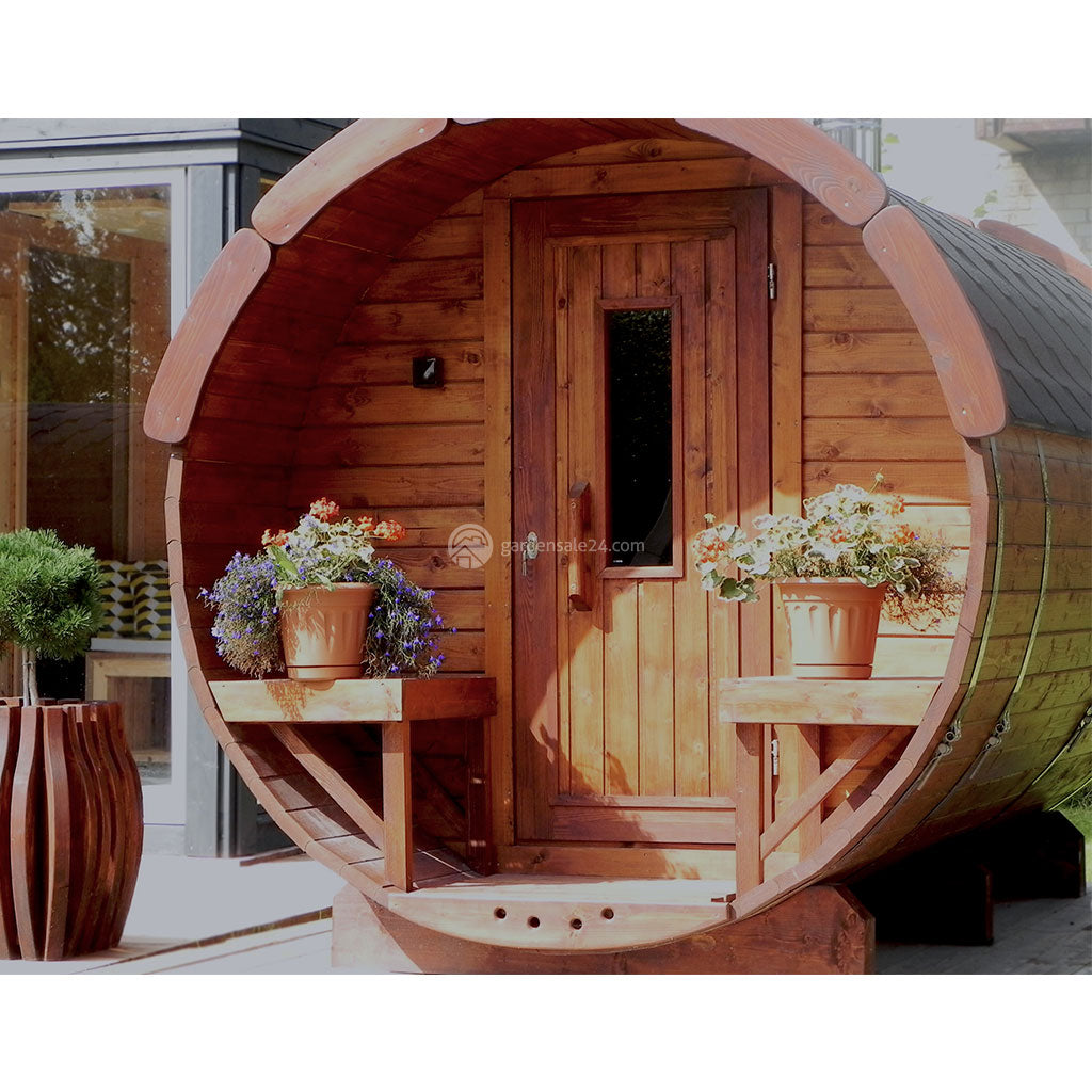 Barrel Sauna KIT 1 9 M Gardensale24 Com   Sauna Barrel In Modern Garden View 2048x 