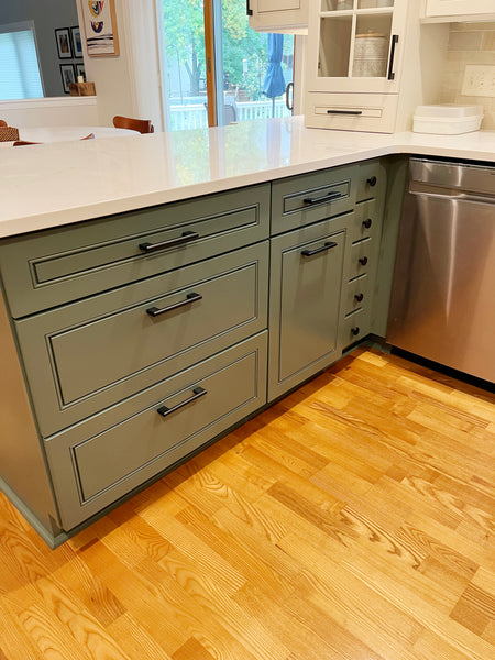 Painted Enchanted Forest Green kitchen cabinets after painting transformation