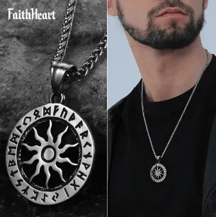 FaithHeart Viking Sun Wheel Rune Pendant Necklace for Men