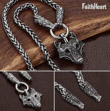 FaithHeart Viking Wolf Pendant Necklace With Wolf Rope Chain For Men