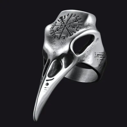 Viking Raven Skull Ring With Viking Compass