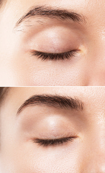 Close up picture of eyebrows before and after using growth serum, for our blog post on Revitalizing Your Brows.