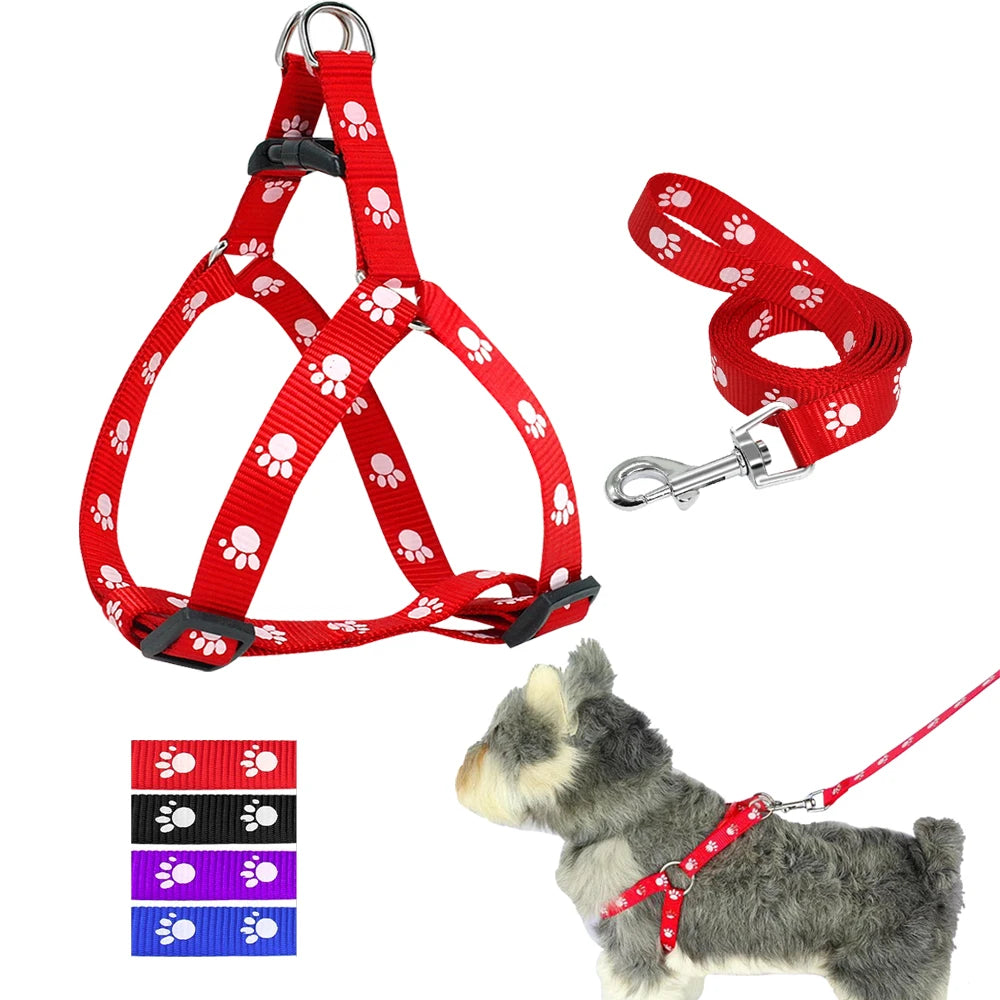 Adjustable Paw Print Nylon Dog Harness and Leash