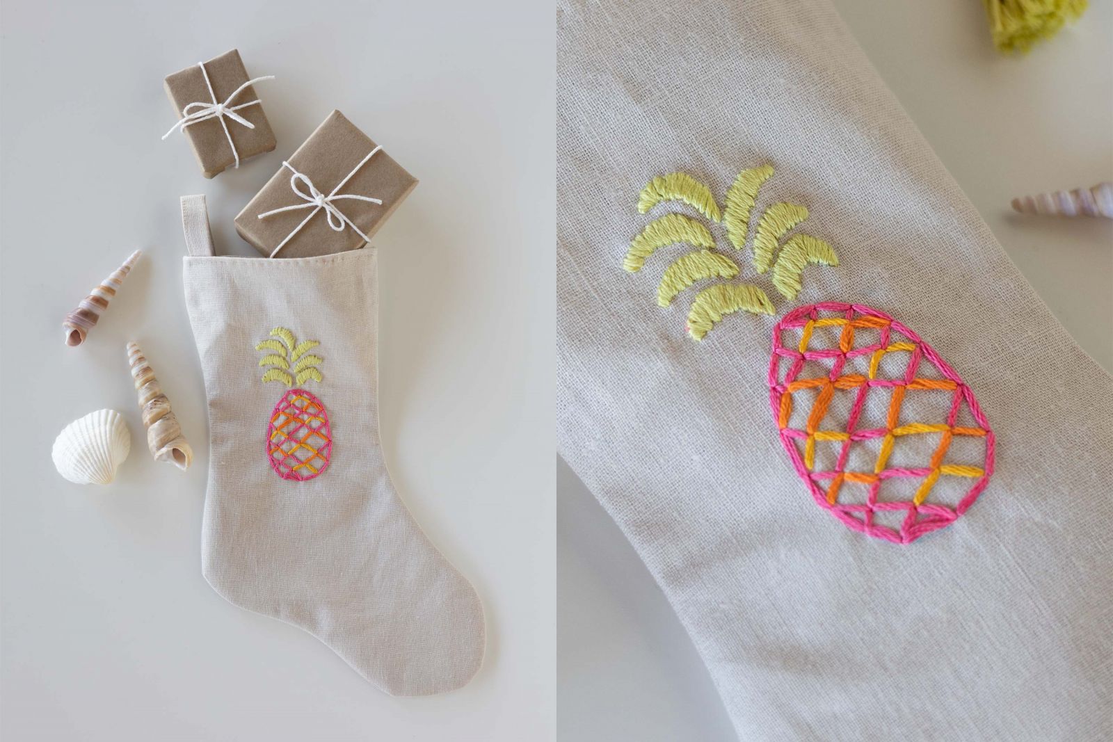DIY Embroidered Pineapple Holiday Stockings