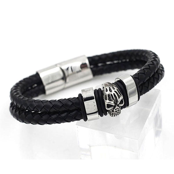 Biker Skull Bracelet - Black Leather & Steel - 790129 – Badboy Jewellery