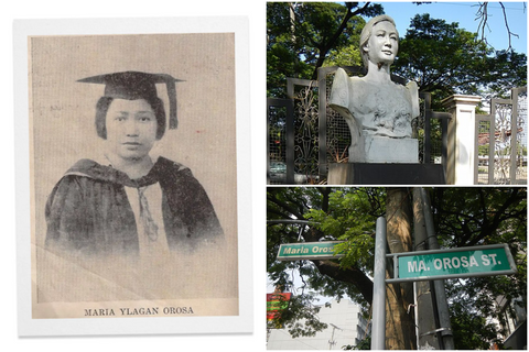Maria Orosa's graduation photo, bust (photo taken by Ramon F Velasquez), and street sign.