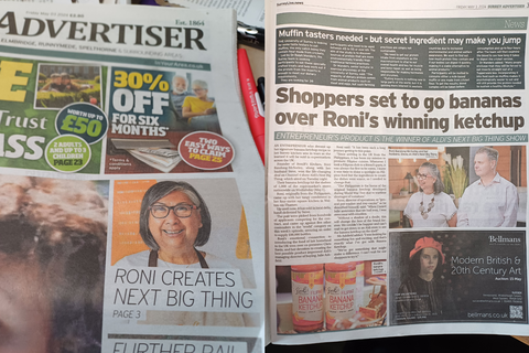 RoniB's Kitchen featured on the front page of the Surrey Advertiser.