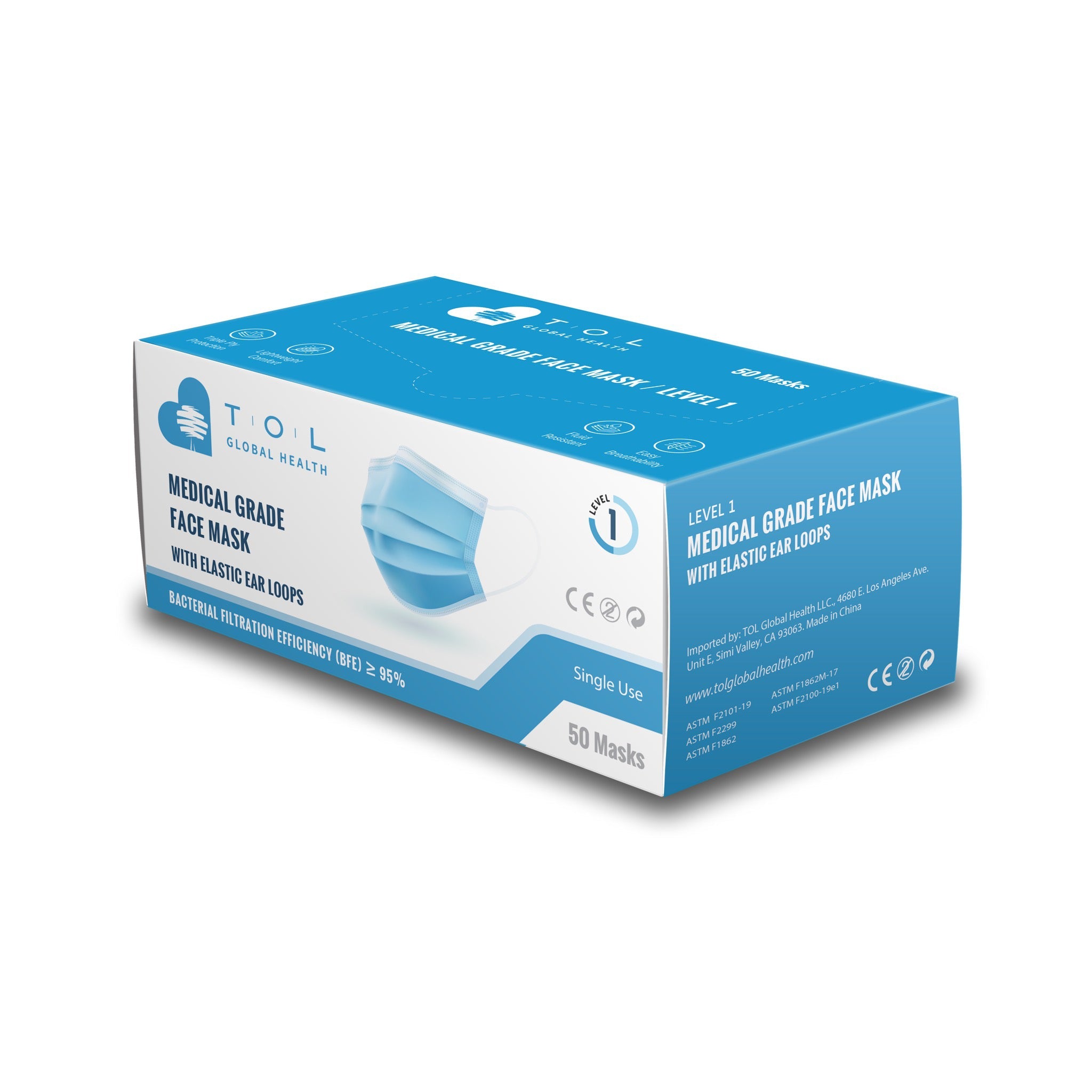 Level 1 95% ≥ BFE Low Barrier Protection Medical Grade 3-Ply Face Mask with Elastic Ear Loops