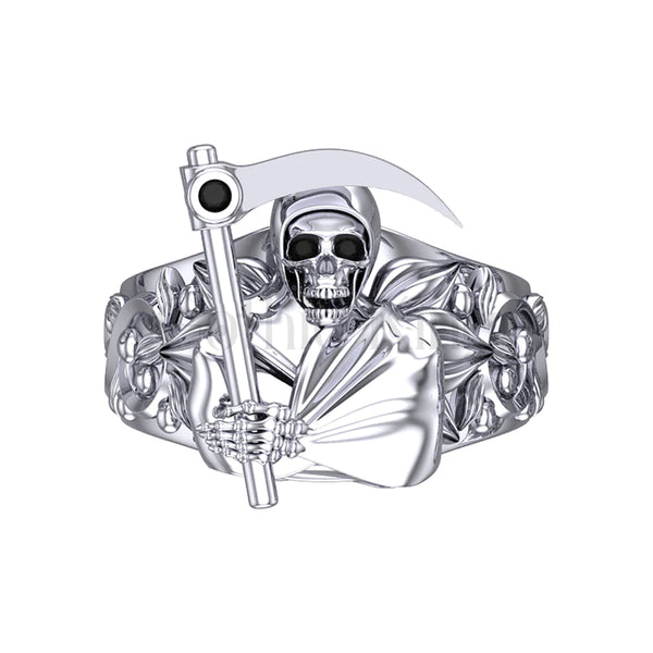 Round Cut Black Diamond Gothic Skull Grim Reaper Style Engagement Wedding Ring Sterling Silver White Gold Finish