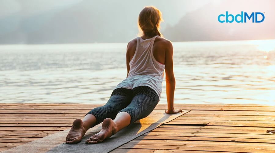 A woman performing cobra pose on a mat placed on a dock with a lake around it