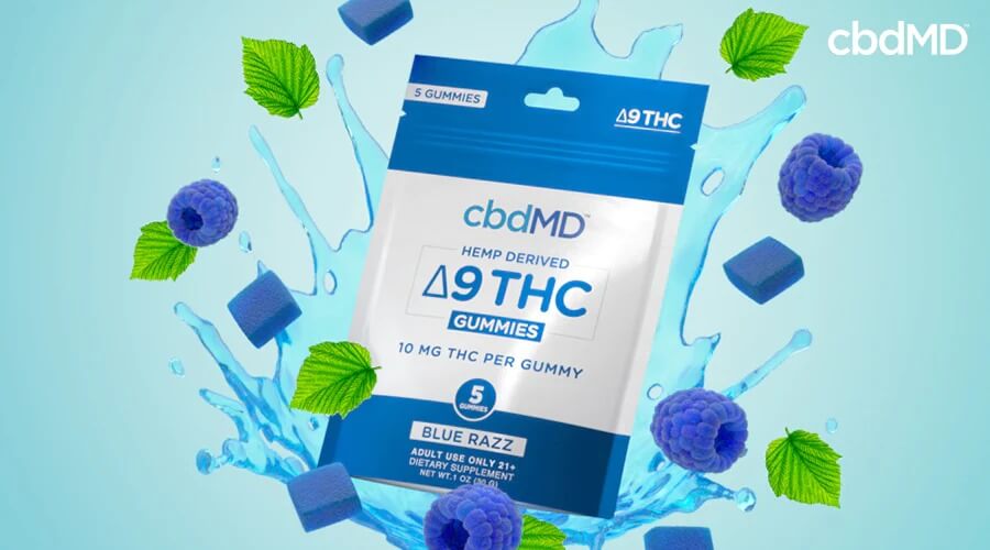 Hemp derived delta 9 thc 10 mg blue razz with leaves gummies and blue raspberries around it - cbdMD