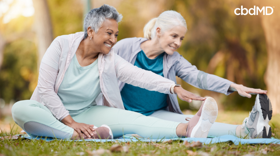 Mulheres fazendo alongamento para saúde óssea e articular