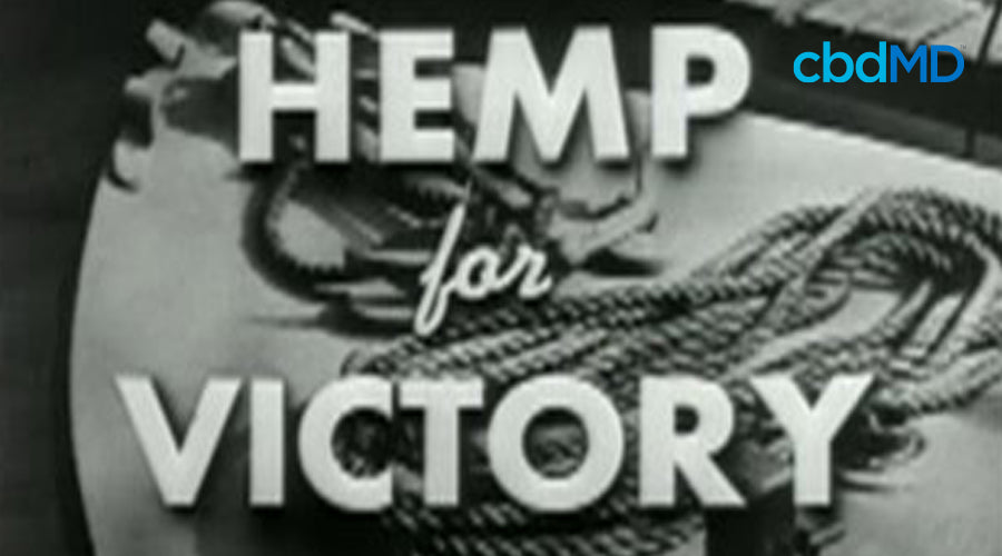 A frame of a WW2 era film entitled Hemp for Victory in black and white with hemp rope