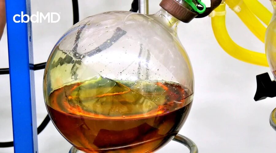 A dark liquid swirls inside a round bottom flask as part of a scientific apparatus