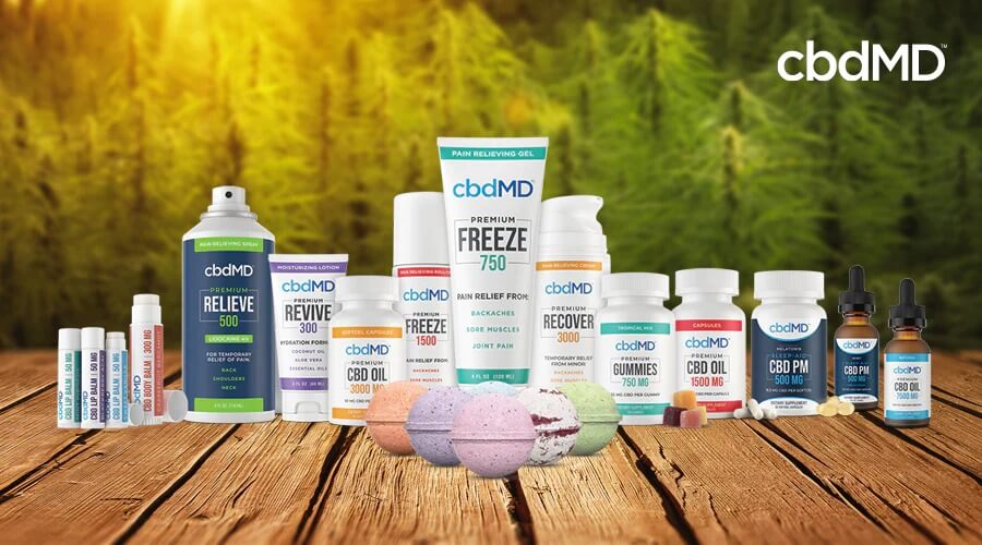 The entire line of cbdmd cbd products sits all together in a line