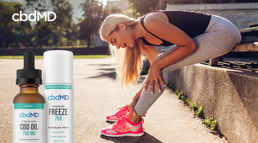 An attractive blonde woman in pink running shoes gets ready for her morning run with a bottle of 750 mg CBD Tincture and 750 mg CBD Freeze laid over the image