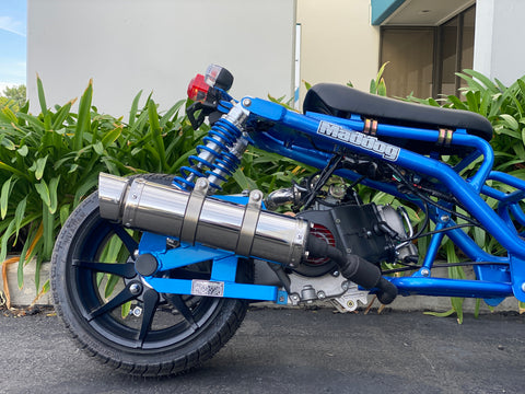 PMZ50-19 chrome exhaust. Icebear ruckus clone bike. 50cc 150cc maddogs