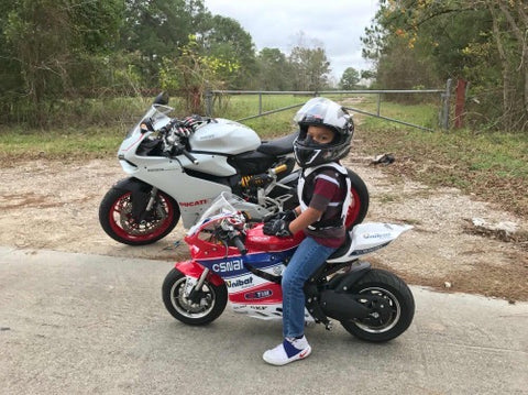 mini ducati motorcycle riding with big ducati 959 moto bike